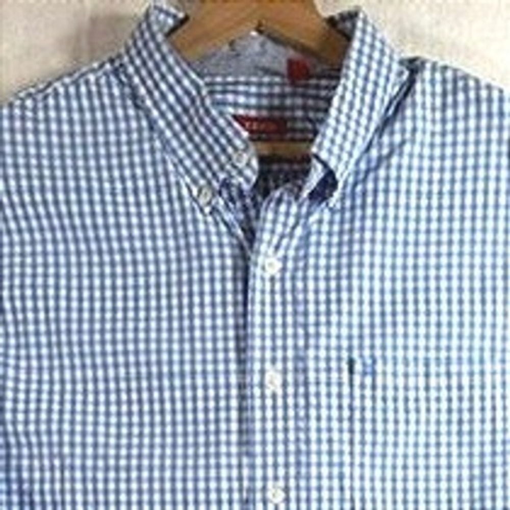 IZOD Button Down Shirt Classic Mens XL Blue Gingham Plaid Long Sleeve Pocket